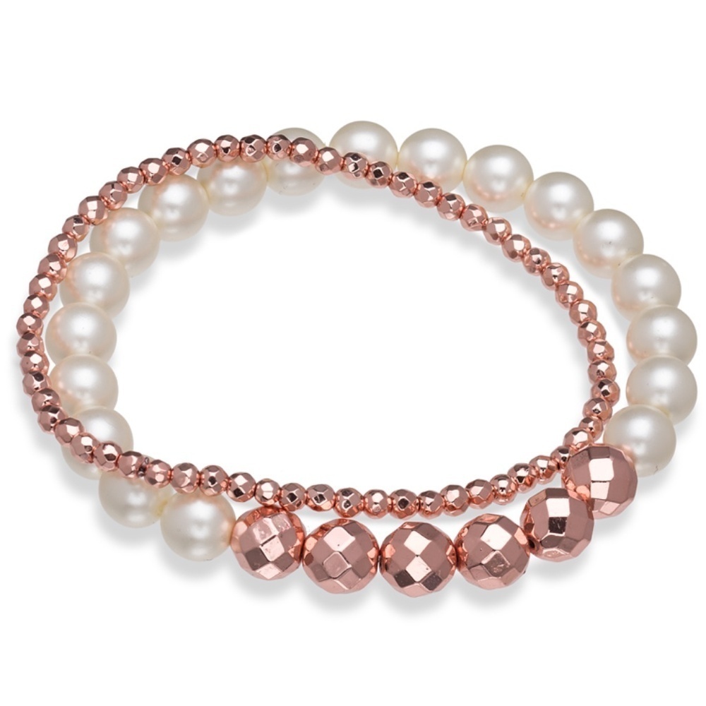 Rose Gold Hematite & Pearl Beaded Stretch Bracelet Set